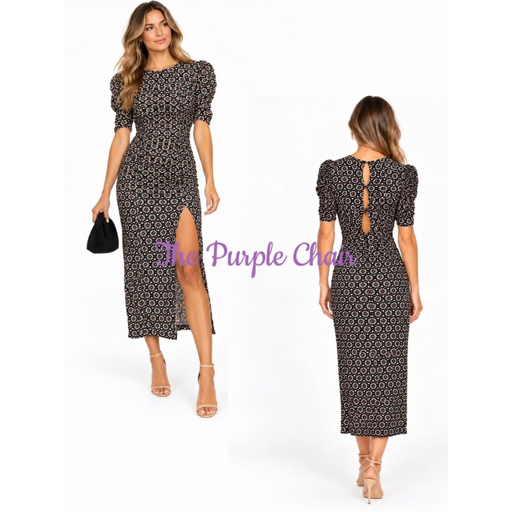 FREE PEOPLE NWT Boho Puff Sleeve Front Slit Midi Dress M